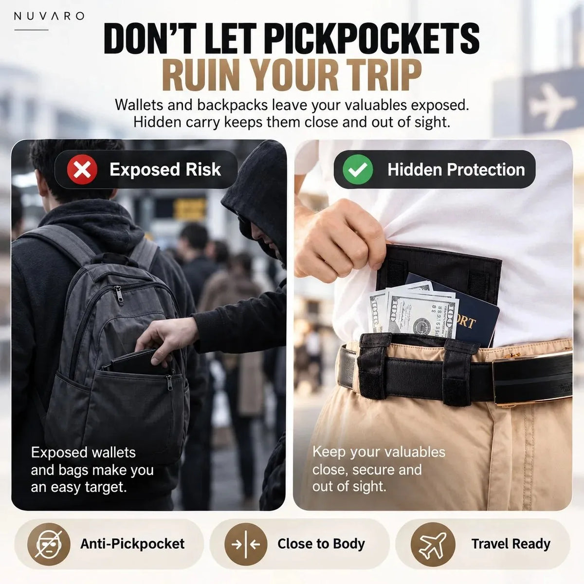 Anti Theft Hidden Wallet | Waist Belt Money Pouch for Passport, Phone & Cards